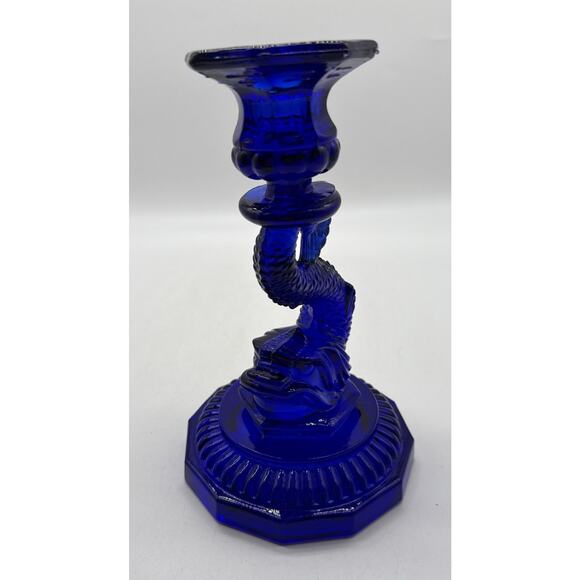 VINTAGE COBALT BLUE GLASS KOI FISH DRAGON TAPER CANDLESTICK CANDLE HOLDER. - Picture 7 of 7
